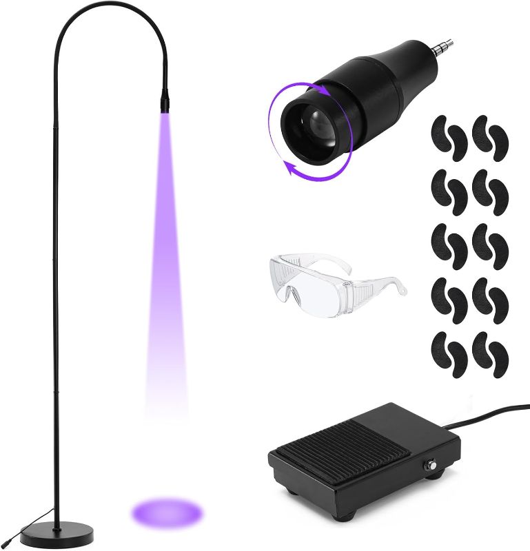 Photo 1 of MYSWEETY UV Lash Light for Light Curing UV Eyelash Glue, 5W LED Eyelash Extensions Nail Tech Glue Lamp with Foot Pedal Control, Glue Cured in 2-3 Seconds, 10 Eye Patch+Goggles, Adjustable Spot Size