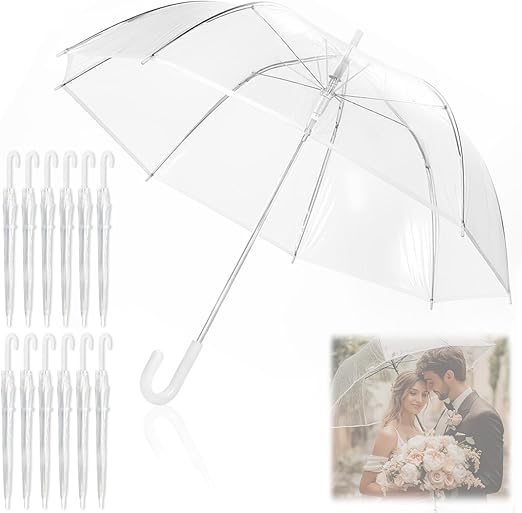 Photo 1 of 12 Pcs Wedding Umbrella Bulk,with J Hook Handle,Auto Open Stick Clear Umbrellas,Large Windproof Bubble Umbrella for Wedding Party, Birthday, Outdoor Interactive, Photography