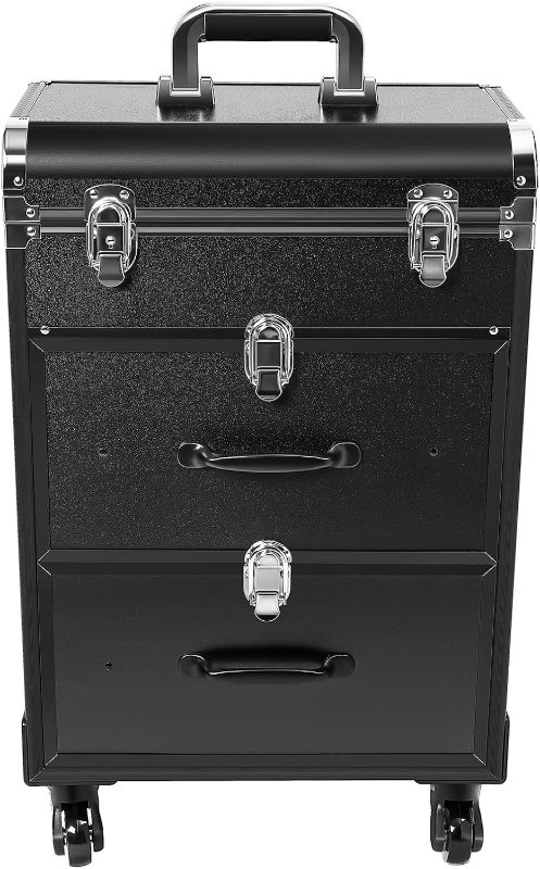 Photo 1 of Makeup Train Case,Rolling Beauty Salon Luggage Hairdressing Trolley Travel Organizer Tool Box Cosmetic Luggage for Professional Hairdressers, Nail Technicians, Beauticians (Black Small)