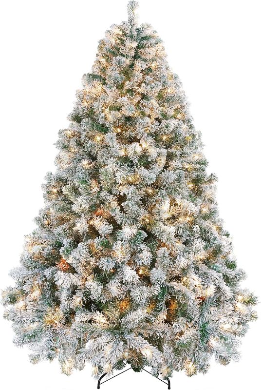 Photo 1 of Yaheetech 6ft Pre-lit Artificial Christmas Tree with Incandescent Warm White Lights, Snow Flocked Full Prelighted Xmas Tree W/820 Branch Tips, 250 Incandescent Lights & Foldable Stand, Green & White