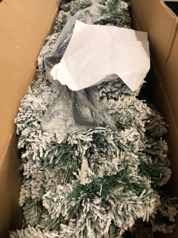 Photo 1 of Yaheetech 6ft Pre-lit Artificial Christmas Tree with Incandescent Warm White Lights, Snow Flocked Full Prelighted Xmas Tree W/820 Branch Tips, 250 Incandescent Lights & Foldable Stand, Green & White