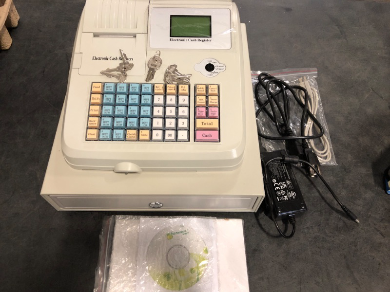 Photo 1 of Gbonklong 48 Keys Electronic Cash Register, Cash Register with Coin Drawer Box Description POS Bill Coins System for Small Businesses, Retailers, Supermarkets (White)