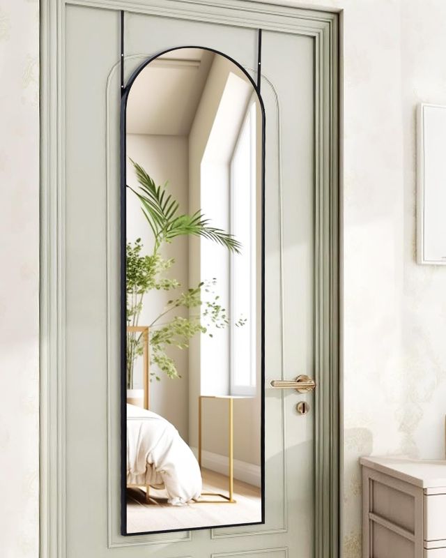 Photo 1 of Full Length Mirror 48x14 Inches - Over The Door Hanging Mirror for Bedroom, Living Room, Closet - Arch Floor Mirror, Door Mirror with Black Frame - No Drill Easy Install