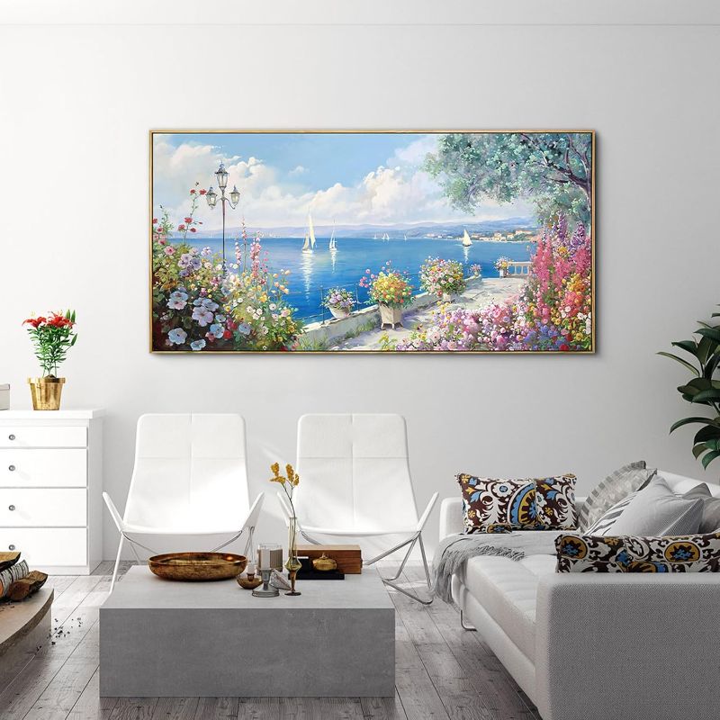 Photo 1 of XLSJERST Blue Coastal Wall Art - Ocean Seascape Canvas Yellow Green Flowers Painting Landscape Sailboat Picture Artwork Modern Large Framed for Living Room Bedroom Home Office Decor 20"x40"