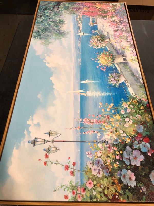Photo 1 of XLSJERST Blue Coastal Wall Art - Ocean Seascape Canvas Yellow Green Flowers Painting Landscape Sailboat Picture Artwork Modern Large Framed for Living Room Bedroom Home Office Decor 20"x40"