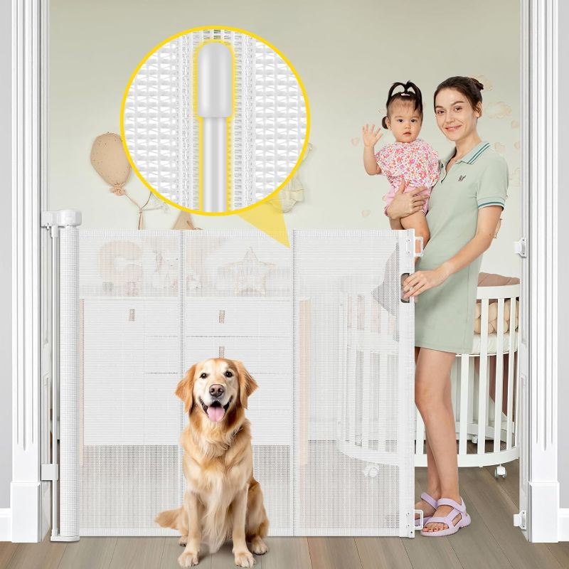 Photo 1 of Reinforced 42” Extra Tall Retractable Dog Gate for Doorways 60” Wide Mesh Baby Gate, Tall Baby Gates for Stairs with Rods to Prevent Crawling Through Retractable Pet Gate Indoor Outdoor, White
