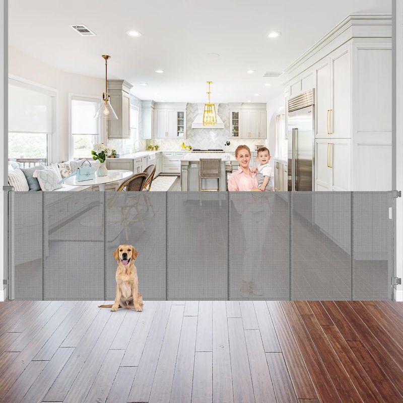 Photo 1 of Reinforced 42" Extra Tall x 96" Wide Retractable Pet Gate with Support Rods-Prevent Crawling Under, Mesh Baby Gate Long Dog Gate Indoor/Outdoor Retractable Gate Tall Dog Gates for Doorways, Gray
