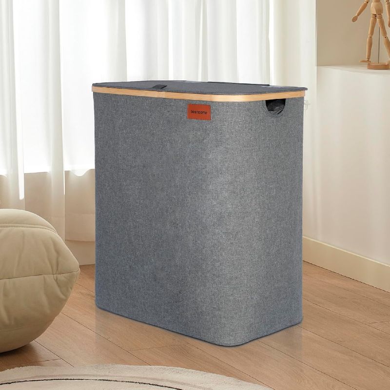 Photo 1 of Laundry Hamper with Lid,140L Laundry Basket for Clothes hamper,Laundry Basket with Bamboo Handle and Removable Bags,Large Foldable Dirty Clothes Hamper,Grey