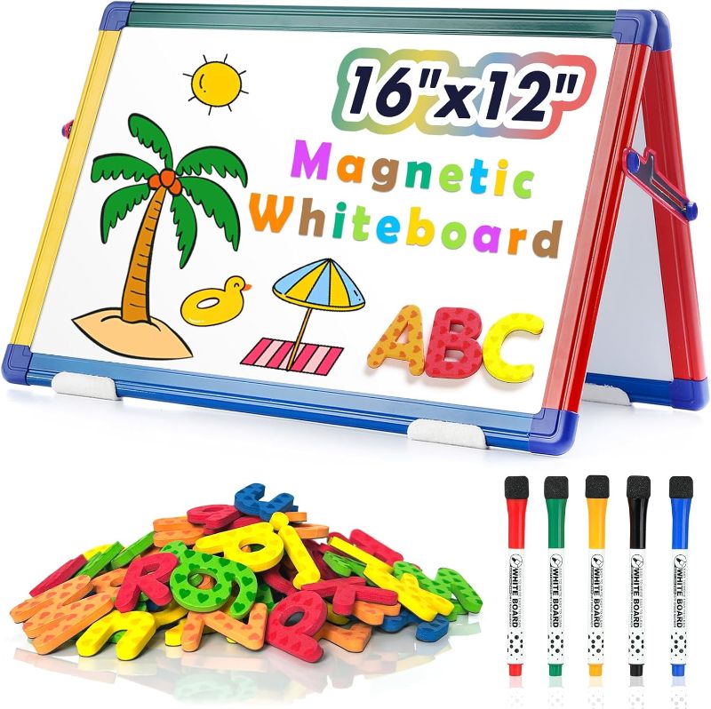 Photo 1 of *No Magnets or Markers* SWANCROWN Portable Dry Erase White Board for Kids, 16x12 inch Toddler Boy Girl Toys Magnetic Table top Whiteboard Small Double Sided Art Easel with 82Pcs Letter Magnets Magnetic Foldable Board