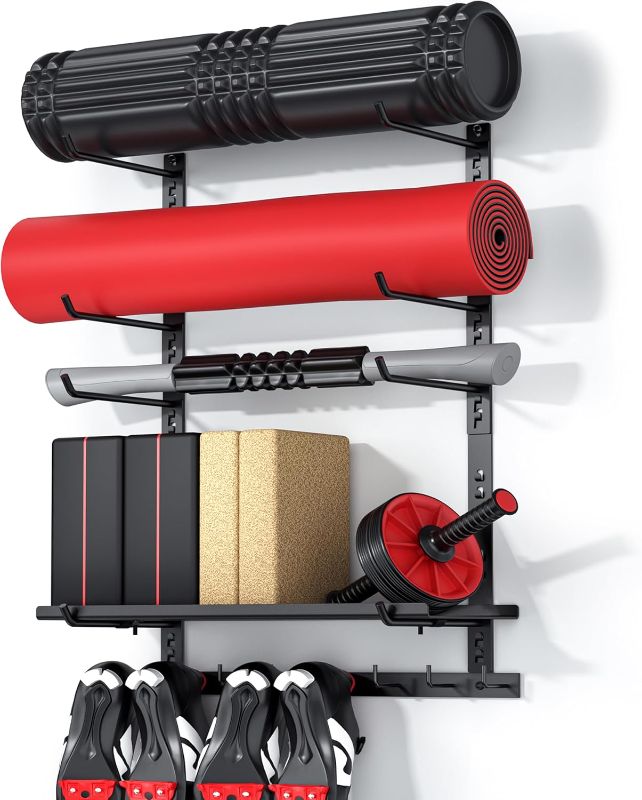 Photo 1 of Home Gym Storage Shelf Only, Adjustable Gym Equipment Organizer Wall Mounted with 1 Board, Yoga Mat Holder, Storage Rack Compatible with Peloton Shoes & Mat, Shelf for Home Training Accessories