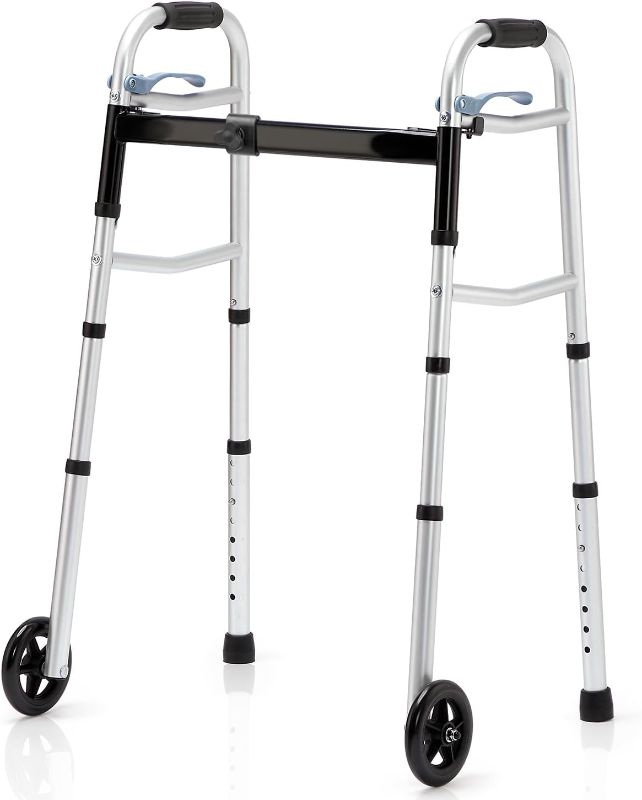 Photo 1 of OasisSpace Compact Folding Walkers, Lightweight Walkers for Seniors Adults Elderly, Rolling Front Wheels Walker, Standard Walking Assist Narrow Walker for Small Spaces Up to 300lbs