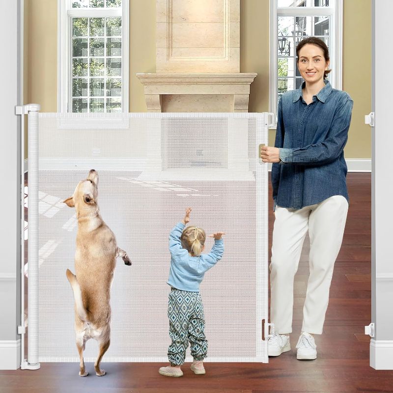 Photo 1 of 48" Extra Tall Baby Gates for Dogs Indoor Prevent Kid/Pet from Jumping Over Retractable 55" Wide Baby Gate for Stairs Extra Tall Pet Gate for Doorway Outdoor Dog Gates for Doorways Retractable, White
