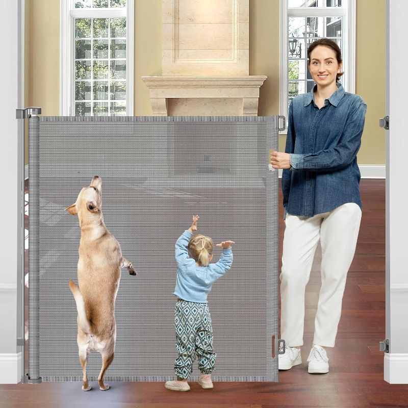 Photo 1 of 48" Extra Tall Retractable Dog Gate Indoor Prevent Your Baby/Dog/Cat from Jumping Over 55" Wide Extra Tall Retractable Baby Gate for Doorway Mesh Gates for Kids or Pets Puppy Gates for the House, Gray