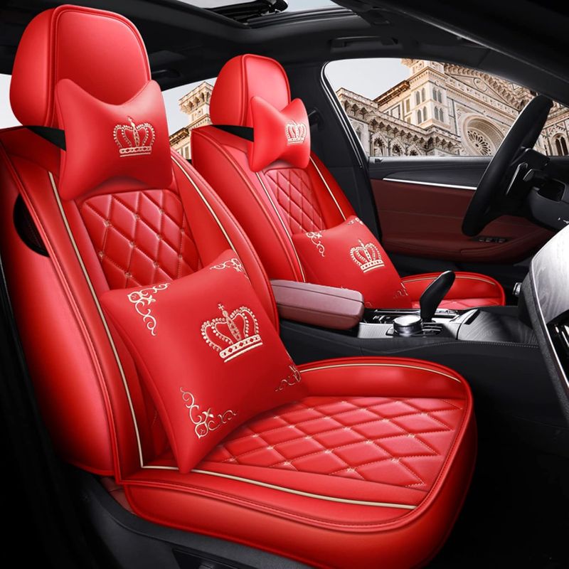 Photo 1 of Crown Car Seat Covers Full Set, Premium Leather Waterproof Anti-Slip Automotive Interior Protector for Cars, SUVs, Pickup, Trucks & Sedans (Red+Beige Line)