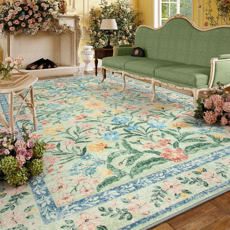 Photo 1 of Lahome Boho Light Green Large Area Rugs for Bedroom, Floral Washable Rugs 9x12 Living Room, Soft Non-Slip Thin Rug for Nursery Kids Playroom Girls Home, Tea Green