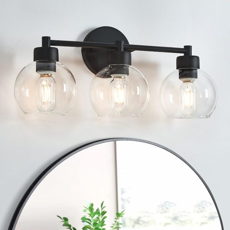 Photo 1 of Bathroom Light Fixtures 3 Lights Vanity Light with Black Round Finish, Bathroom Vanity Lights with Clear Globe Glass, Matted Black Wall Sconce for Mirror, Bedroom, Living Room, Kitchen