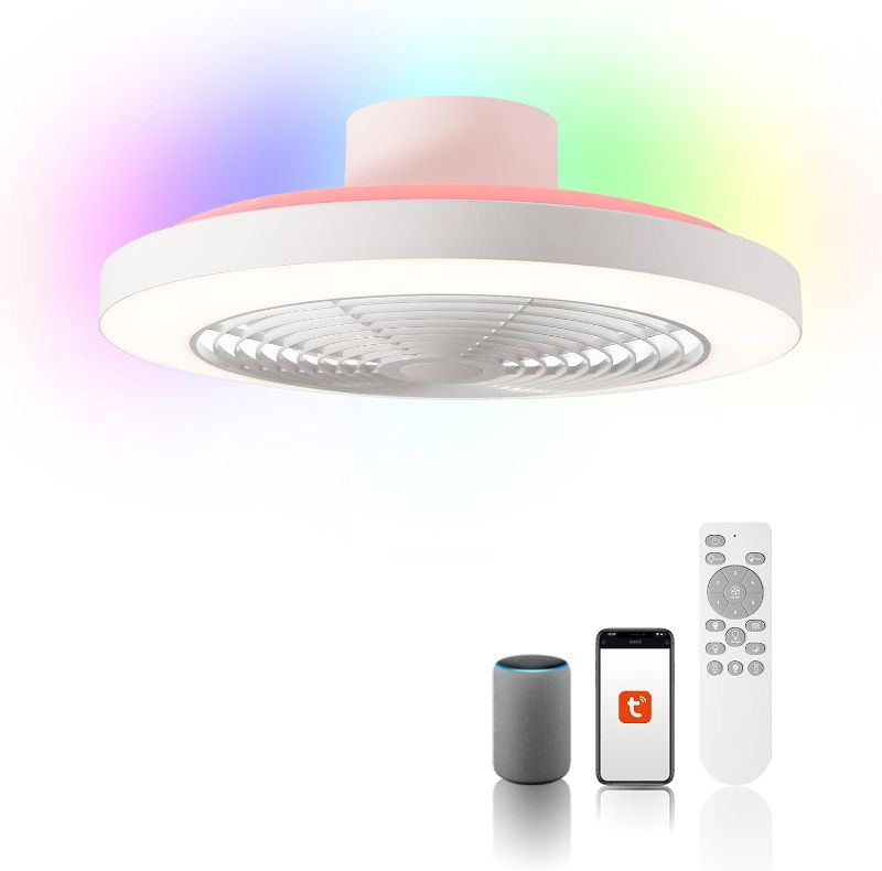 Photo 1 of Orison Smart Bladeless Low Profile Ceiling Fan with LED-RGB Ambient Lighting Compatible with Alexa/Google Assistant/App Control, 6-Speed Color Change, Quiet Operation with Remote &App,19.7" (White)