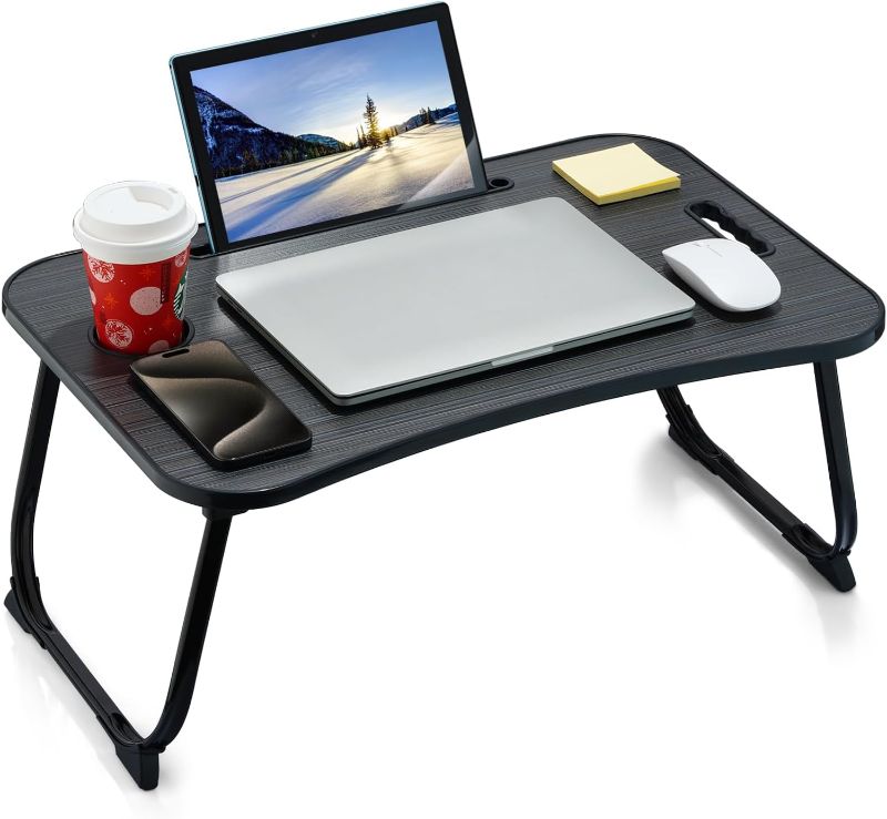 Photo 1 of Laptop Bed Desk, Foldable Lap Desk, Portable Lap Table, Laptop Stand with Cup Holder & Tablet Slot & Lifting Handle for Working Writing Drawing & Eating - Black