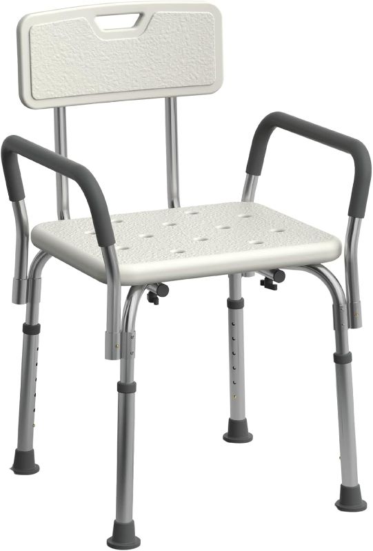 Photo 1 of Medline Shower Chair for Inside Shower, Heavy Duty, 350 lb Capacity, Adjustable Height, Non-Slip Seat with Padded Armrests & Back, White