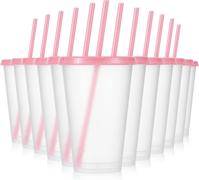 Photo 1 of Mifoci 12 Pcs Plastic Tumbler with Lids and Straws Reusable Plastic Tumblers Bulk Mug Tumbler with Straw and Lid Tumbler Ice Cold Drinking Cup for Water Smoothie Birthday Party (Pink,16oz)