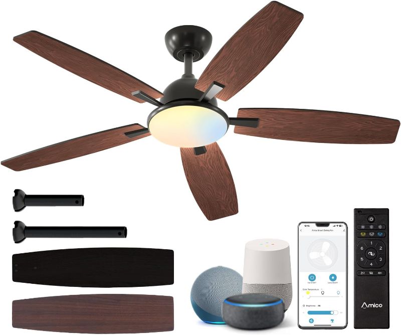 Photo 1 of Amico Ceiling Fans with Lights, 52 inch Smart Ceiling Fan with Remote/APP/Alexa Control, Reversible DC Motor, 5 Blades, 6 Speeds, 3CCT, Dimmable, Noiseless, Wifi Ceiling Fan for Farmhouse, Bedroom
