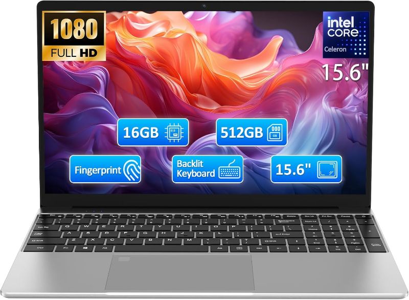 Photo 1 of 15.6" FHD Laptop,16GB DDR4 RAM 512GB SSD,Portable Laptop Computer with Backlit Keyboard,180 ° Angle Opening,Fingerprint Reader,38WH Battery,Webcam,WiFi 5,BT 4.2,Mini HDMI,USB 3.0