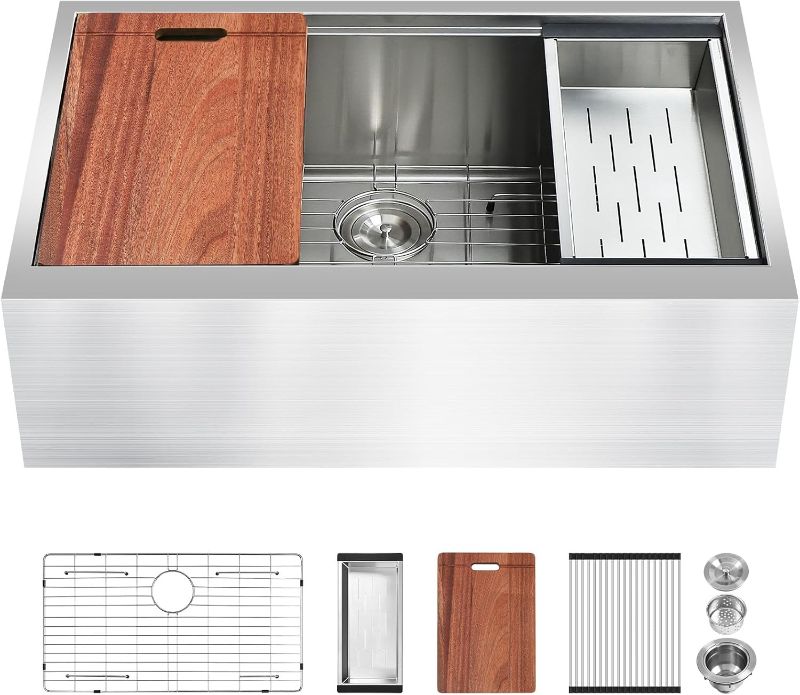 Photo 1 of Davivy 33x22 Inch Flat Apron Farmhouse Sink 10 Inch Deep Single Bowl for Kitchens, 16 Gauge Handmade Stainless Steel Farm Sink Workstation with Accessories