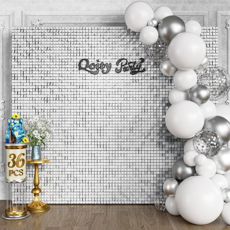 Photo 1 of Matte White Sequin Wall Backdrop 36PCS, Black Back Not See-Through Design, Square Sequin Glitter Backdrop Panel, Perfect for Outdoor Events, Birthdays, Wedding and Party Decoration