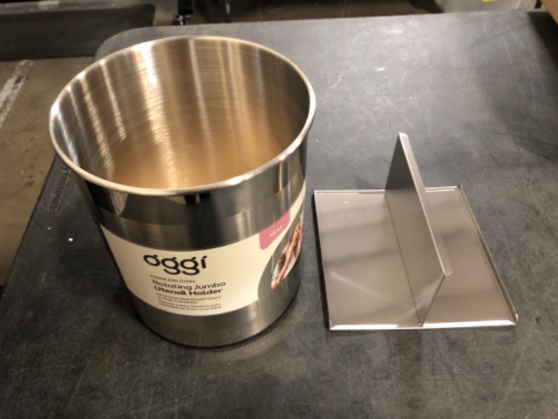 Photo 1 of Oggi Jumbo Stainless Steel Rotating Utensil Holder with Removable Divider - Stylish kitchen cooking utensil organizer. Height 7.5".