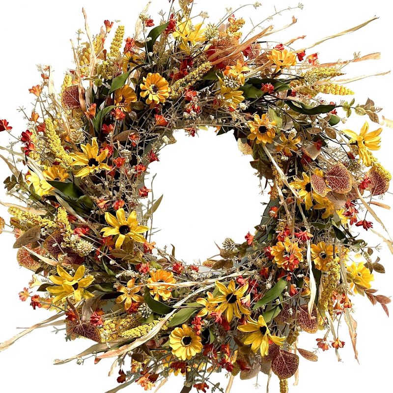 Photo 1 of 24 Inch Large Yellow Daisy Flower Eucalyptus Leaves Wreath for Front Door, Spring Yellow Flower Wreath with Grain Picks and Wild Flowers for Indoor and Outdoor, Rustic Farmhouse Home Decor