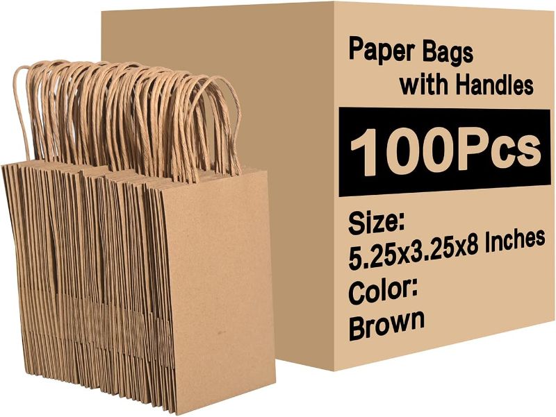 Photo 1 of Brothersbox Small Brown Paper Bags with Handles 100PCS, 5.25 * 3.25 * 8 Inch Kraft Gift Bags Bulk for Craft Shopping Business Party Favor Retail Birthday Grocery