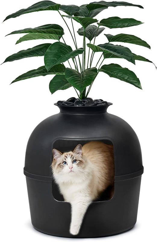Photo 1 of Secret Litter Box by Bundle & Bliss - Hidden Litter Box Enclosure with Odor Control Carbon Filter, Faux Plant and Real Stones, Perfect for Large Cats (Matte Black)