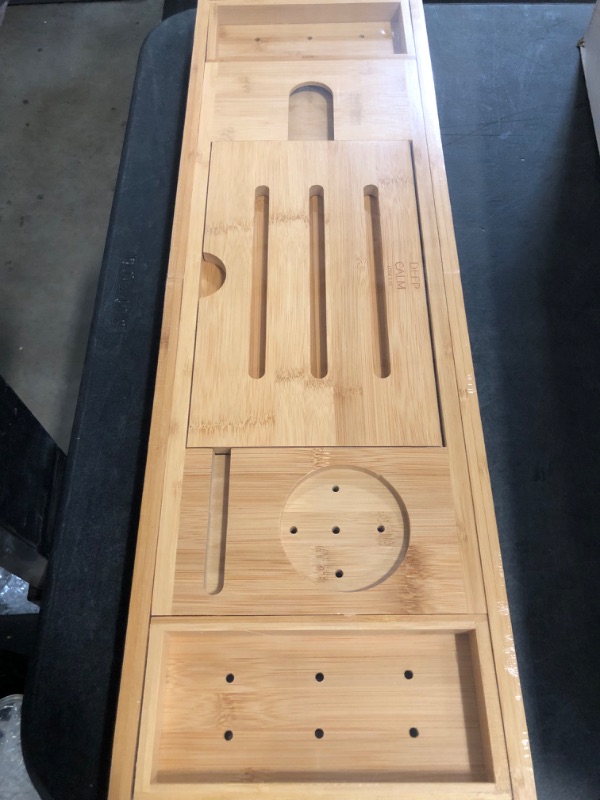 Photo 1 of Deep Calm Bathtub Tray Caddy - Bamboo Foldable Bath Tub Table, Expandable Bath Tray Holds All Bathtub Accessories, Perfect Luxury Relaxing Gift for Self Care