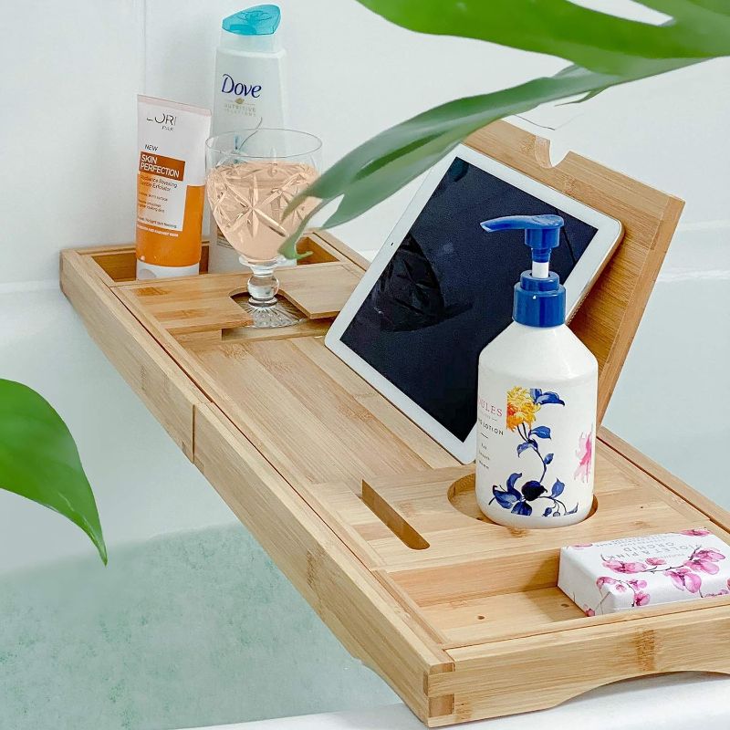 Photo 1 of Deep Calm Bathtub Tray Caddy - Bamboo Foldable Bath Tub Table, Expandable Bath Tray Holds All Bathtub Accessories, Perfect Luxury Relaxing Gift for Self Care