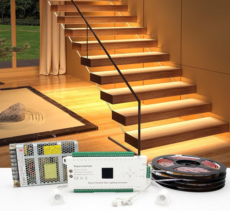 Photo 1 of Motion-Activated LED Stair Lighting Kit with Daylight Sensor SSL-5616, Supports up to 16 Steps × 40" Cuttable 3000K COB Strip Lights for Indoor LED Stair Lights