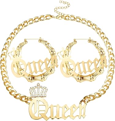 Photo 1 of SAILIMUE Queen Pendant Curb Chain Necklace with Oversize Statement 90s Bamboo Hoop Earring Set for Women Gold Plated Color Punk Style Hip Hop Rapper