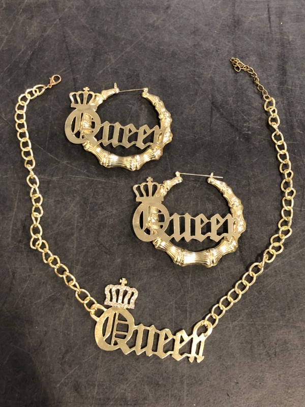Photo 1 of SAILIMUE Queen Pendant Curb Chain Necklace with Oversize Statement 90s Bamboo Hoop Earring Set for Women Gold Plated Color Punk Style Hip Hop Rapper