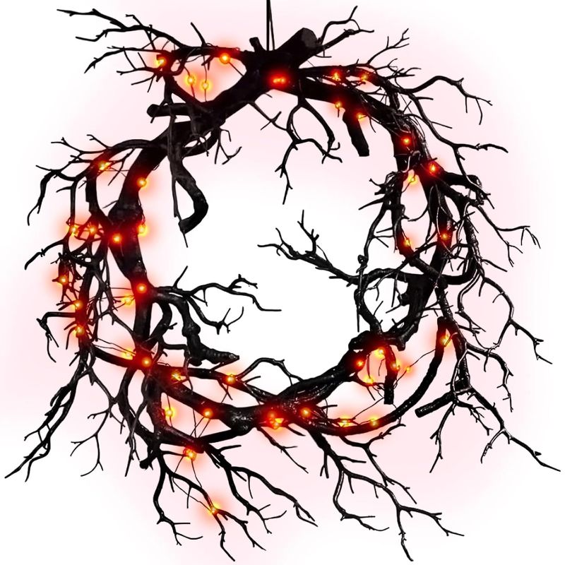 Photo 1 of Halloween Black Branch Wreath Signs for Front Door with Red Lights,Handcrafted Halloween Horror Wreath for Indoor Outdoor Party Window Wall Decor Farmhouse Garland Yard