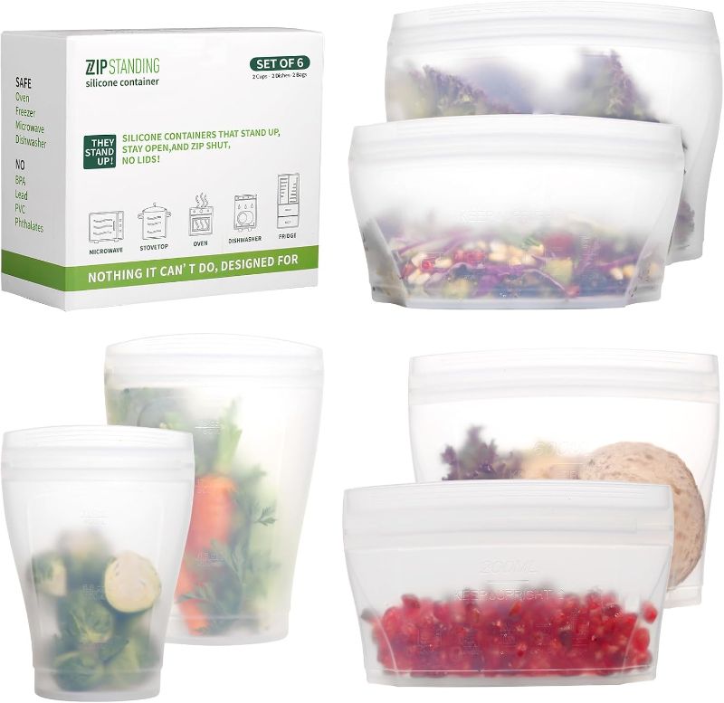 Photo 1 of Reusable food container, silicone bag, 6 Pcs Zip Containers Can be used for fruit and vegetable snacks, etc. Microwave Dishwasher and Freezer Usable (white)