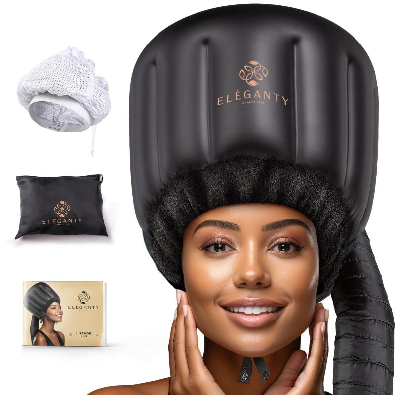 Photo 1 of ELEGANTY Soft Bonnet Hood Hairdryer Attachment with Headband that Reduces Heat Around Ears and Neck to Enjoy Long Sessions - Used for Hair Styling, Deep Conditioning and Hair Drying (Black)