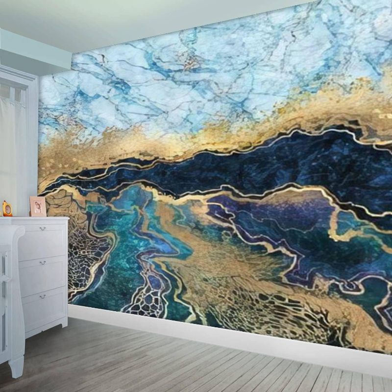 Photo 1 of Abstract Blue Marble Fake Stone Texture Liquid Paint Gold PVC Wallpaper Removable Self-Adhesive Contact Paper Peel and Stick Waterproof Wallpaper Indoor Decoration Living Room TV Backdrop