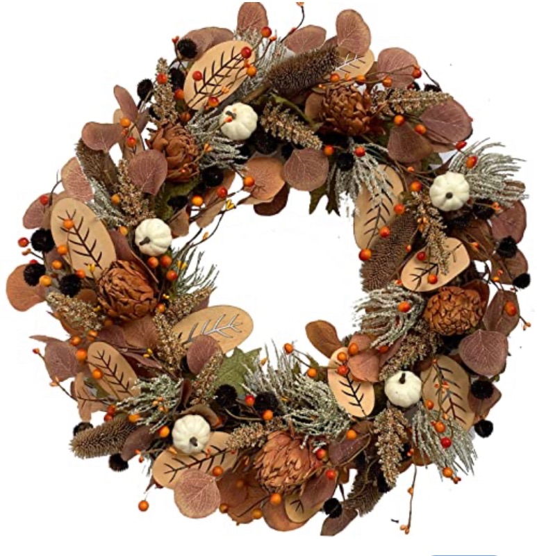 Photo 1 of 24 inch Fall Dried Flower Wreath For Front Door , Autumn Thanksgiving Day and Harvest Wreath Decorations with Pumpkins and Berries, Fall Floral Eucalyptus Leaves with Wreath for Indoor and Outdoor Use 