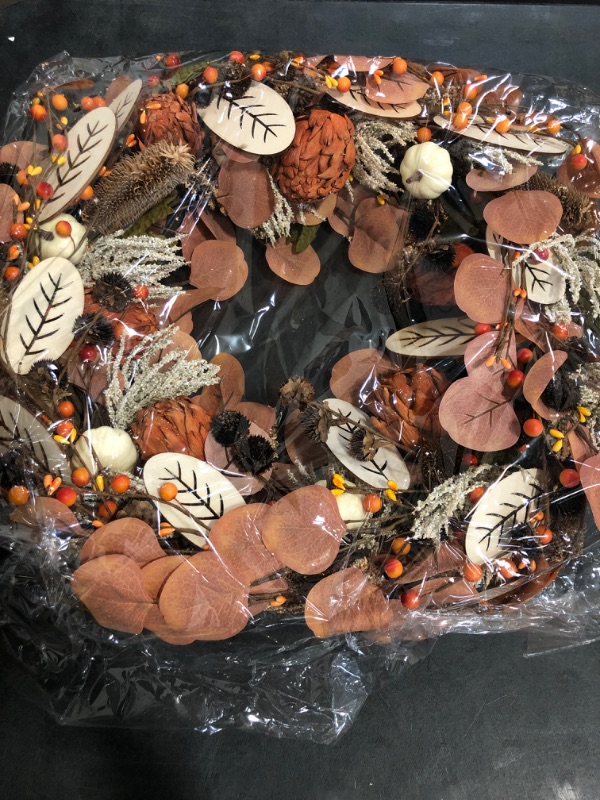 Photo 1 of 24 inch Fall Dried Flower Wreath For Front Door , Autumn Thanksgiving Day and Harvest Wreath Decorations with Pumpkins and Berries, Fall Floral Eucalyptus Leaves with Wreath for Indoor and Outdoor Use 