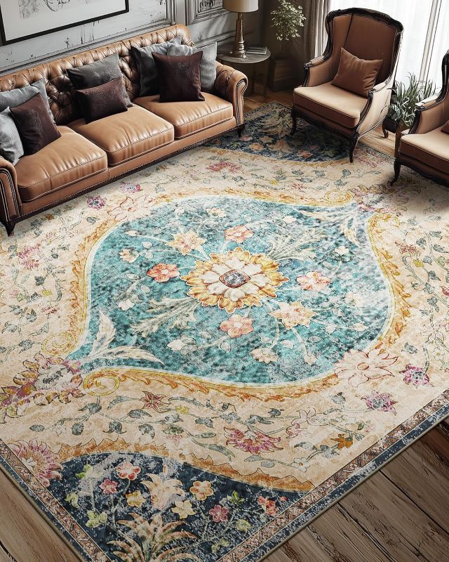Photo 1 of 9x12 Rug, Washable Vintage Boho Carpet, Non Slip Low Pile Water Repellent Soft Print Pattern Indoor Rug for Living Room & Bedroom, Blue Green