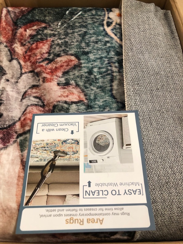 Photo 1 of 9x12 Rug, Washable Vintage Boho Carpet, Non Slip Low Pile Water Repellent Soft Print Pattern Indoor Rug for Living Room & Bedroom, Blue Green