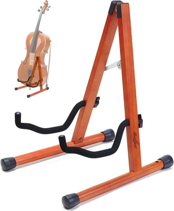 Photo 1 of Cello Stand with Bow Holder, Mahogany Wooden A-Shape Floor Stand with Padded Foam, Handcrafted Cello Rack Fits 1/2, 3/4, 7/8, 4/4 Full-Size and Guitar, Instrument Holder for Home and Studio Display