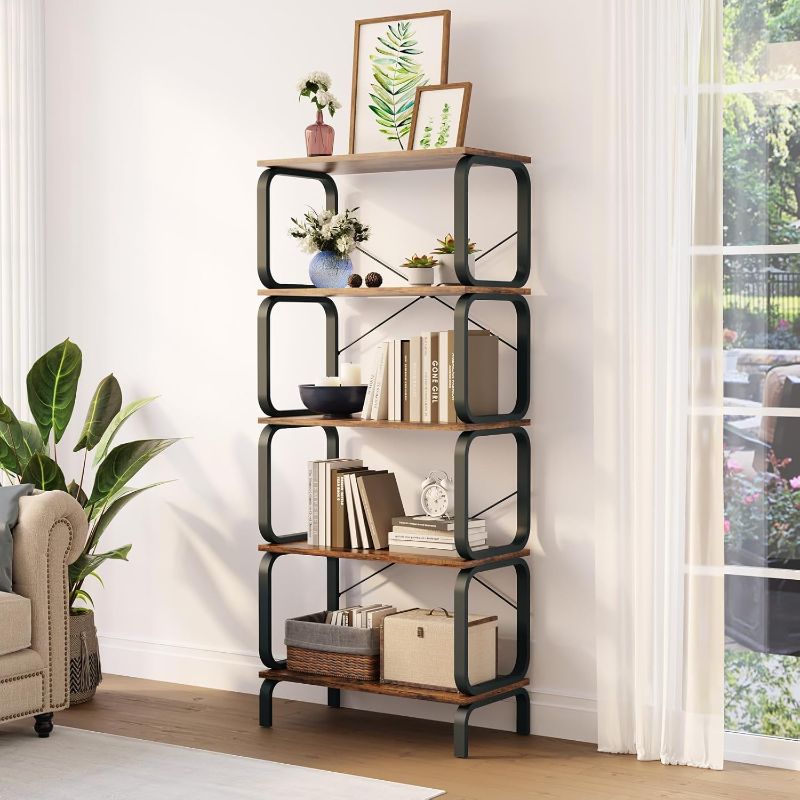 Photo 1 of Book Shelf, Industrial 5 Tier Bookshelf, Tall Bookcase with 165lbs/Shelf Capacity, Open Wood Metal Bookshelves, Vintage Book Shelves for Bedroom, Living Room, Home Office, Garage - Rustic Brown