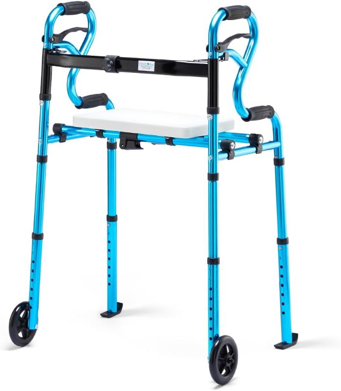 Photo 1 of Health Line Massage Products 4 in 1 Folding Walker with Detachable Seat, Width Adjustable Folding Walkers with 5” Wheels and Extra 2 Skis, Compact Adults Walker for Seniors Support Up to 350lbs