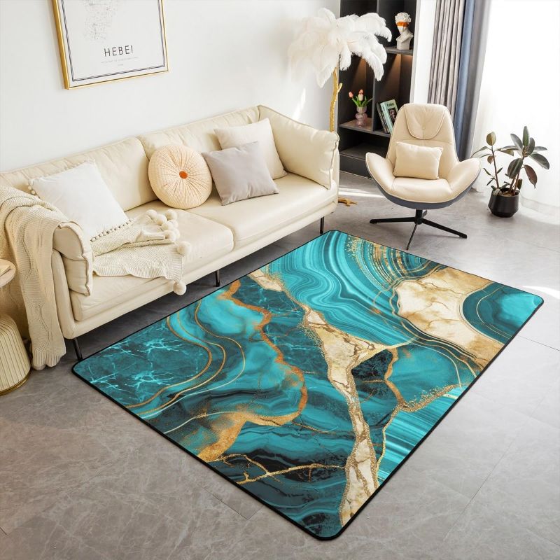 Photo 1 of Teal Marble Area Rug 5x7, Gold Crack Rug, Abstract Metallic Texture Non Slip Carpet for Bedside, Luxury Shinny Boho Hippie Fluid Washable Decorative Rug for Living Room