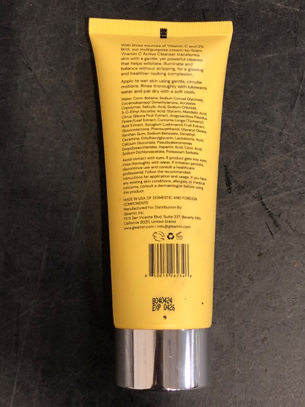 Photo 1 of Gleamin Vitamin C Cleanser - Cream to Foam - 2% BHA, Paw Paw & Turmeric for Radiance, Exfoliation, and Pore Cleansing | pH Balanced, Non-Stripping, Fragrance-Free Brightening Face Wash - 3.4 FL OZ